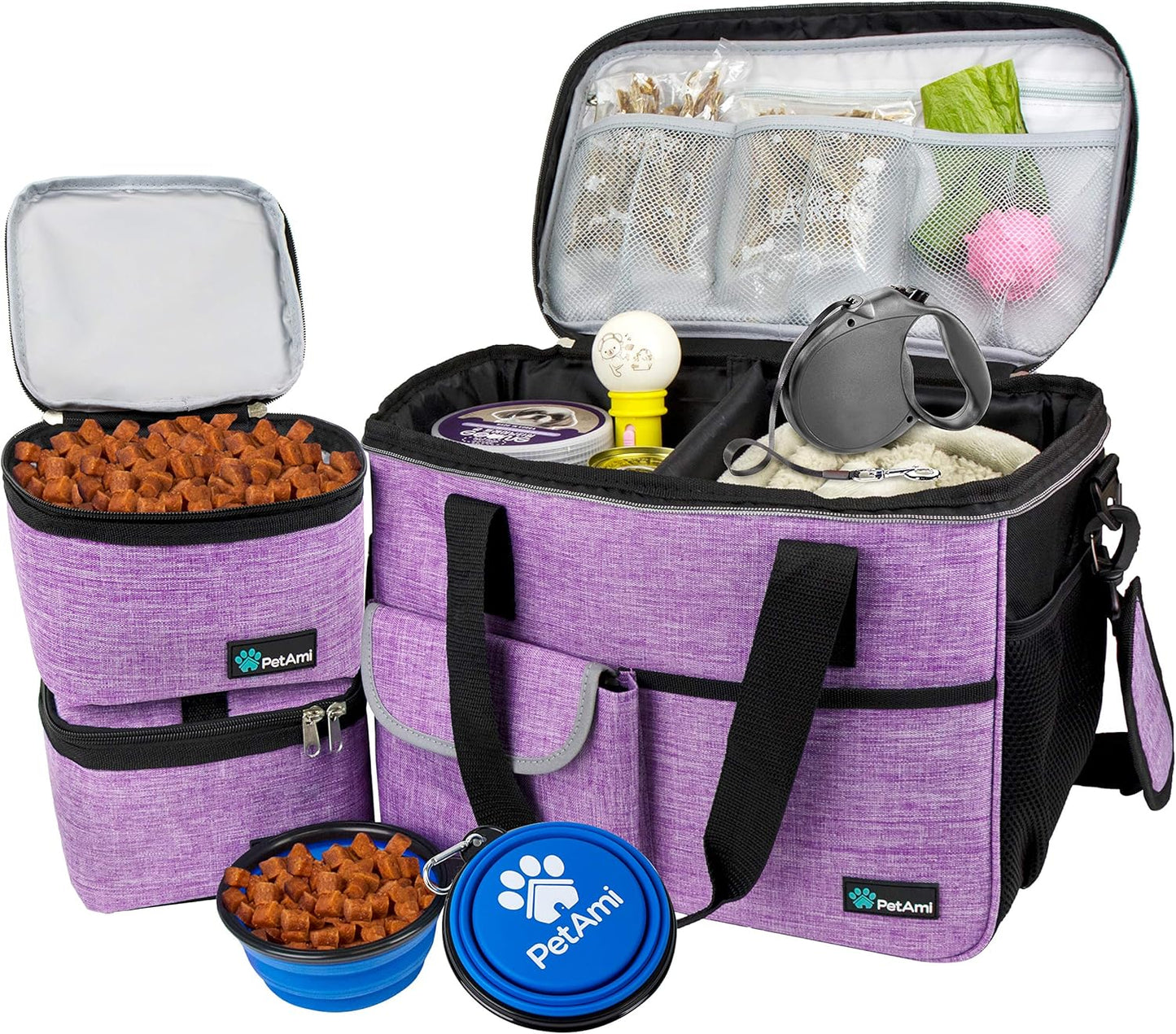 Dog Travel Bag, Travel Pet Bag Organizer, Dog Food Travel Bag with Food Container and Bowls, Dog Travel Supplies Gift Accessories for Weekend Camping, Dog Cat Diaper Bag (Navy, Medium)