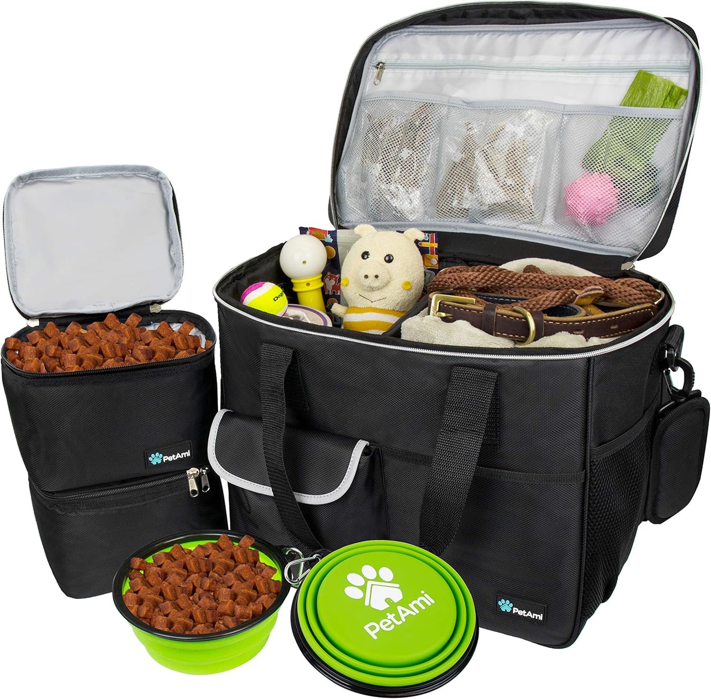 Dog Travel Bag, Travel Pet Bag Organizer, Dog Food Travel Bag with Food Container and Bowls, Dog Travel Supplies Gift Accessories for Weekend Camping, Dog Cat Diaper Bag (Navy, Medium)