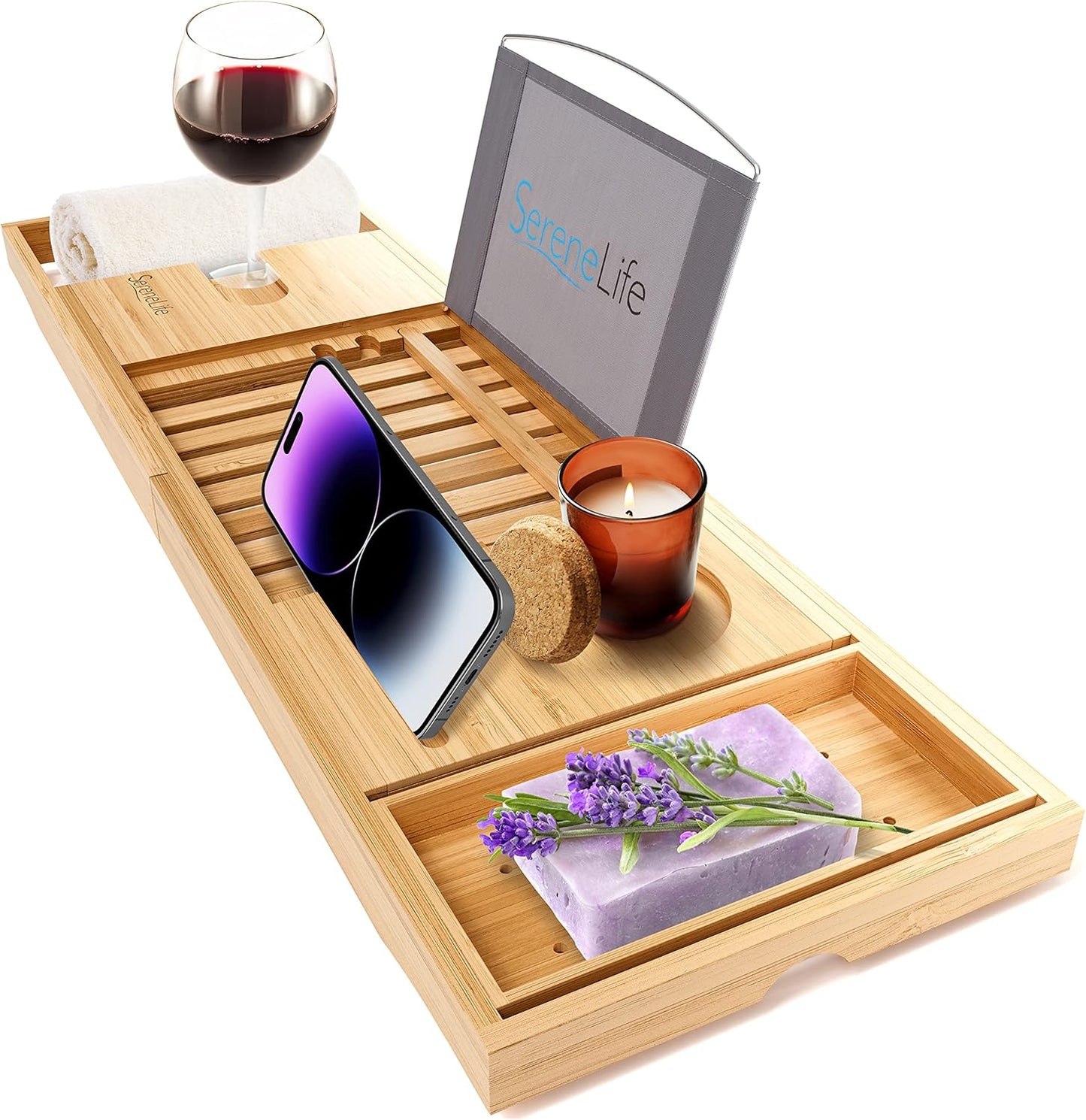 Luxury Bamboo Bathtub Caddy Tray - Adjustable Natural Wood Bath Tub Organizer with Wine Holder, Cup Placement, Soap Dish, Book Space & Phone Slot for Spa, Bathroom & Shower - SLBCAD20