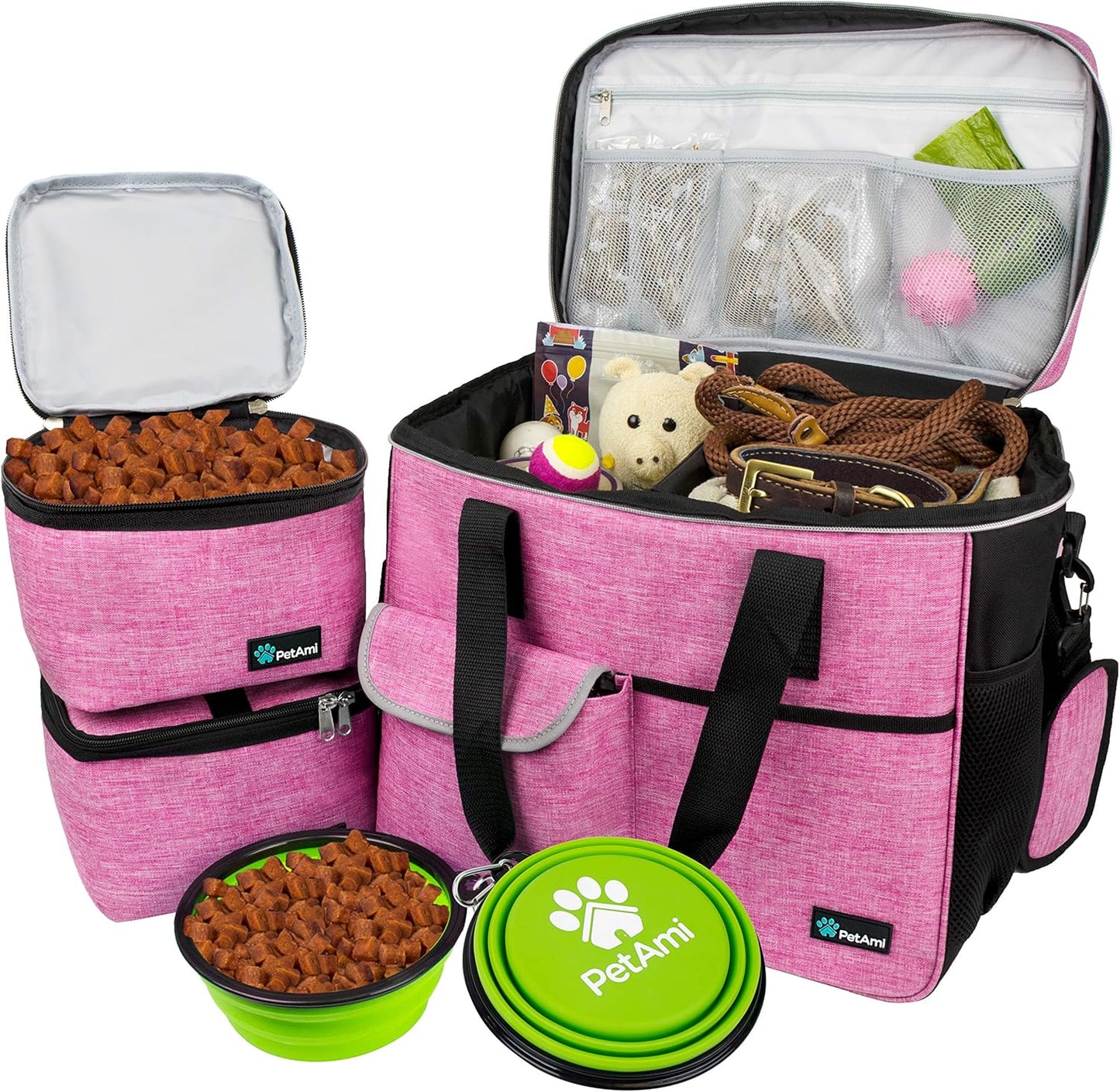 Dog Travel Bag, Travel Pet Bag Organizer, Dog Food Travel Bag with Food Container and Bowls, Dog Travel Supplies Gift Accessories for Weekend Camping, Dog Cat Diaper Bag (Navy, Medium)