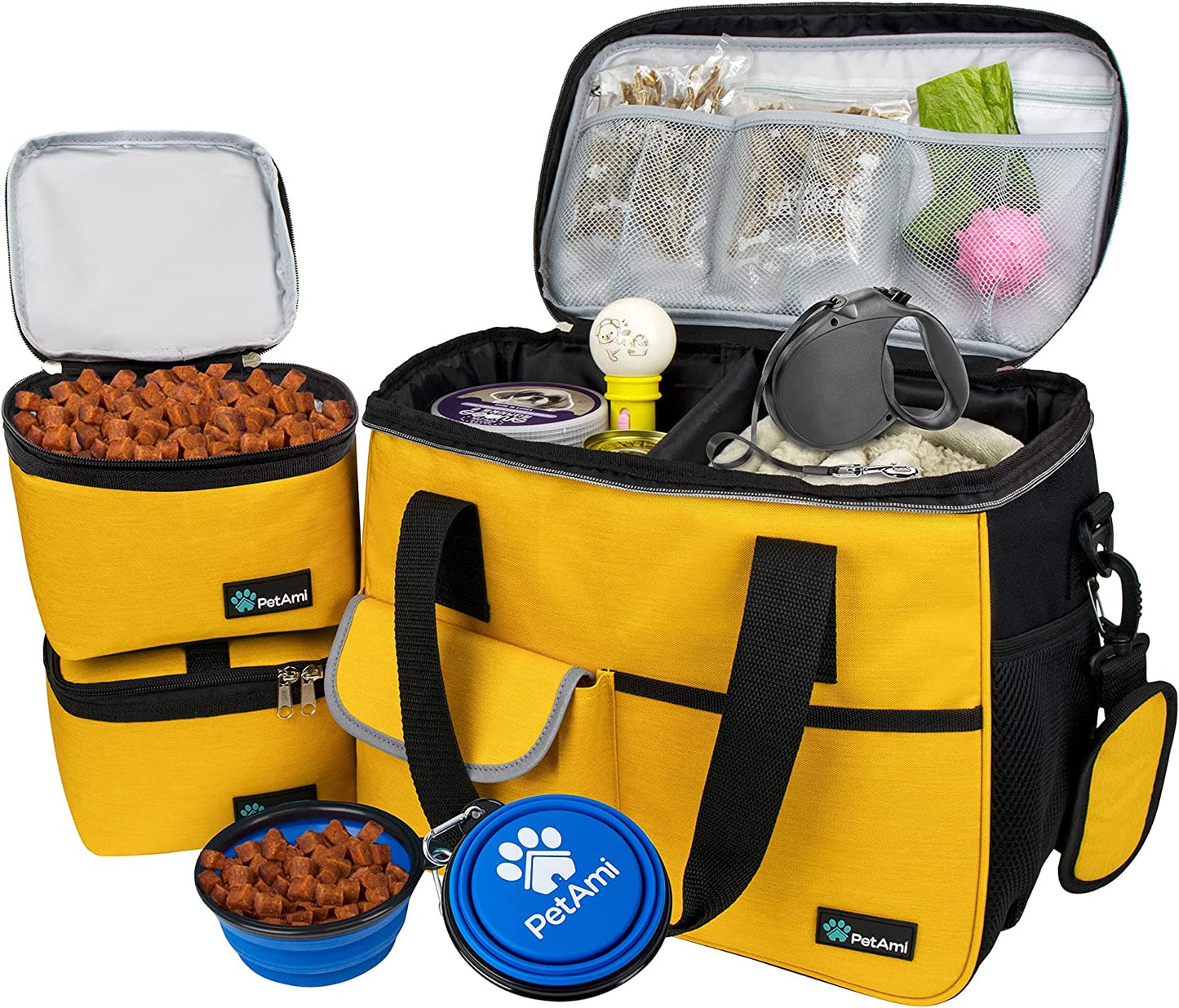 Dog Travel Bag, Travel Pet Bag Organizer, Dog Food Travel Bag with Food Container and Bowls, Dog Travel Supplies Gift Accessories for Weekend Camping, Dog Cat Diaper Bag (Navy, Medium)
