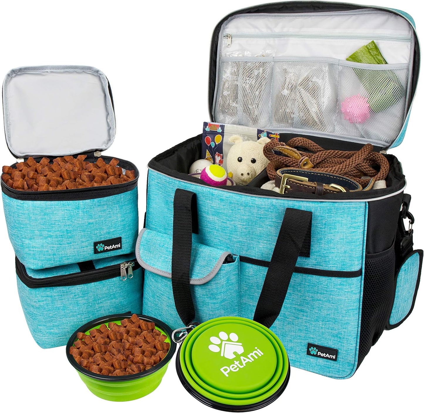 Dog Travel Bag, Travel Pet Bag Organizer, Dog Food Travel Bag with Food Container and Bowls, Dog Travel Supplies Gift Accessories for Weekend Camping, Dog Cat Diaper Bag (Navy, Medium)