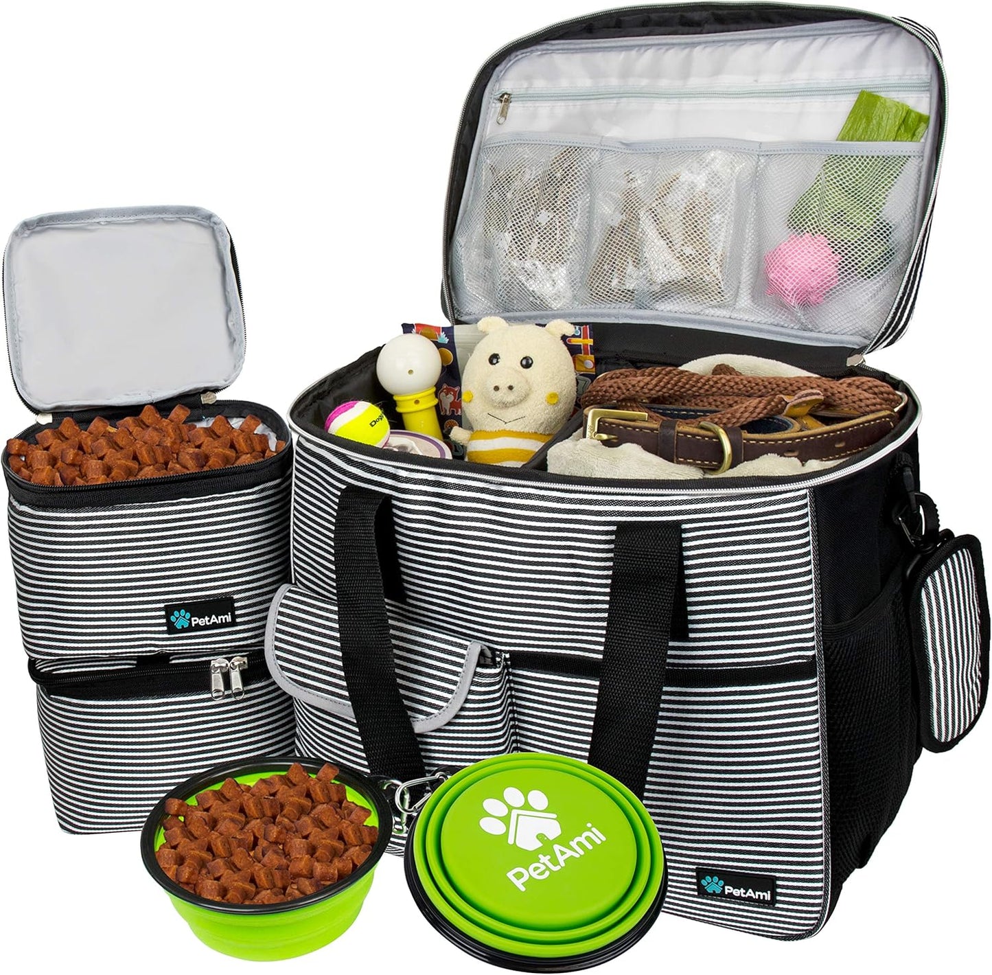 Dog Travel Bag, Travel Pet Bag Organizer, Dog Food Travel Bag with Food Container and Bowls, Dog Travel Supplies Gift Accessories for Weekend Camping, Dog Cat Diaper Bag (Navy, Medium)