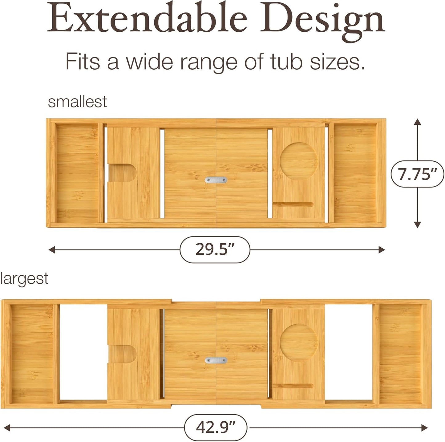 Bathtub Tray - Expandable Bamboo Bath Tray for Tub with Wine Glass Holder, Book & Tablet Stand - Wooden Bathtub Caddy Tray Table for Bathroom Accessories, Spa Relaxation, Housewarming & Wedding Gift