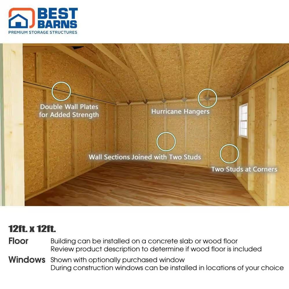 Backyard Basecamp 12 Ft. X 12 Ft. Wood Shed Kit with Barn Doors, Extra Walk-In Door and Fortressfloor