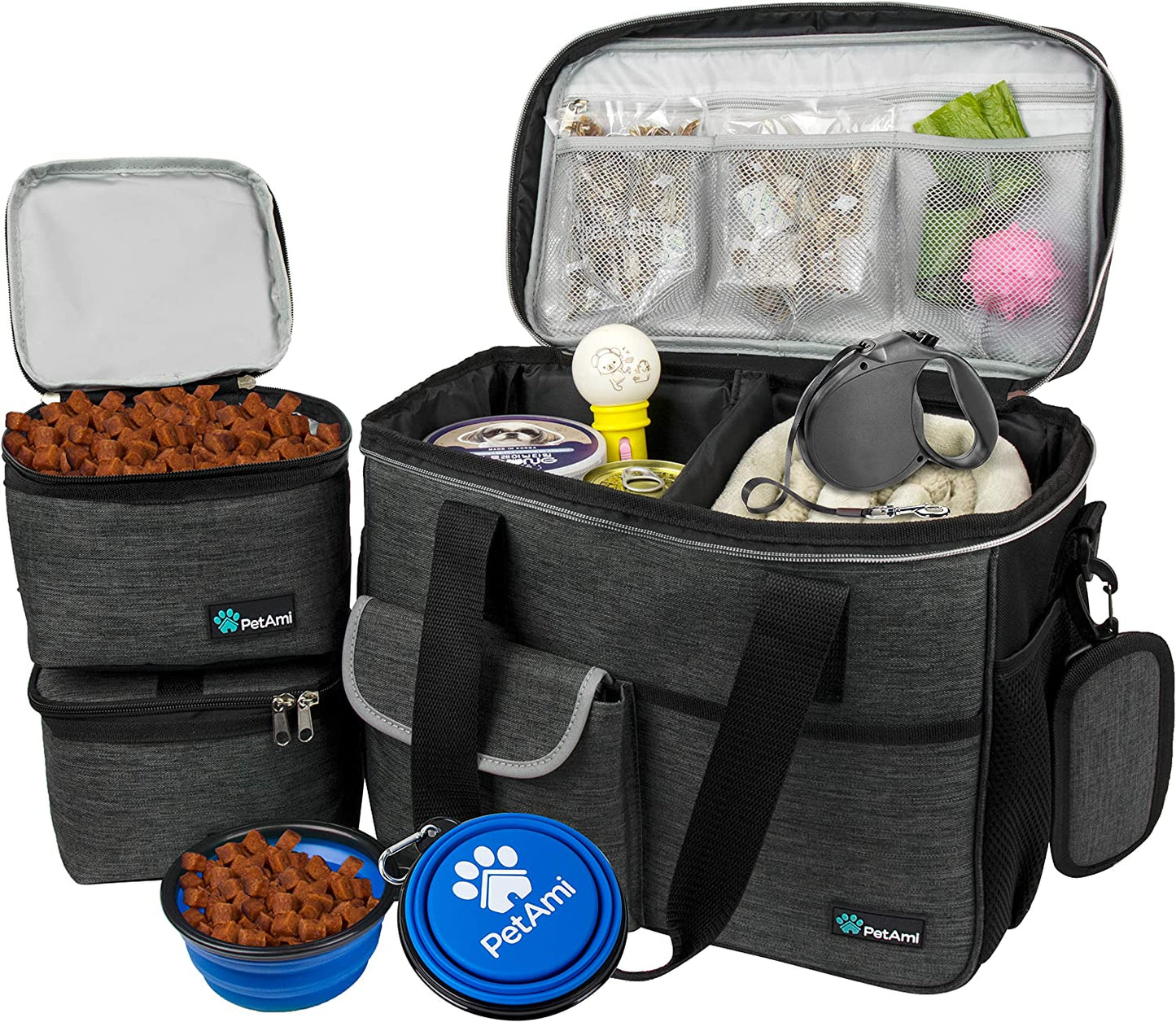 Dog Travel Bag, Travel Pet Bag Organizer, Dog Food Travel Bag with Food Container and Bowls, Dog Travel Supplies Gift Accessories for Weekend Camping, Dog Cat Diaper Bag (Navy, Medium)