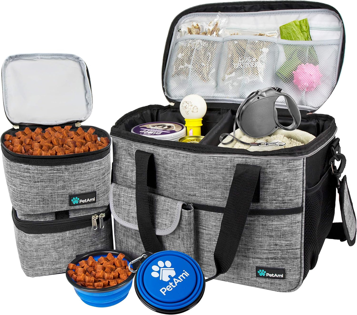 Dog Travel Bag, Travel Pet Bag Organizer, Dog Food Travel Bag with Food Container and Bowls, Dog Travel Supplies Gift Accessories for Weekend Camping, Dog Cat Diaper Bag (Navy, Medium)