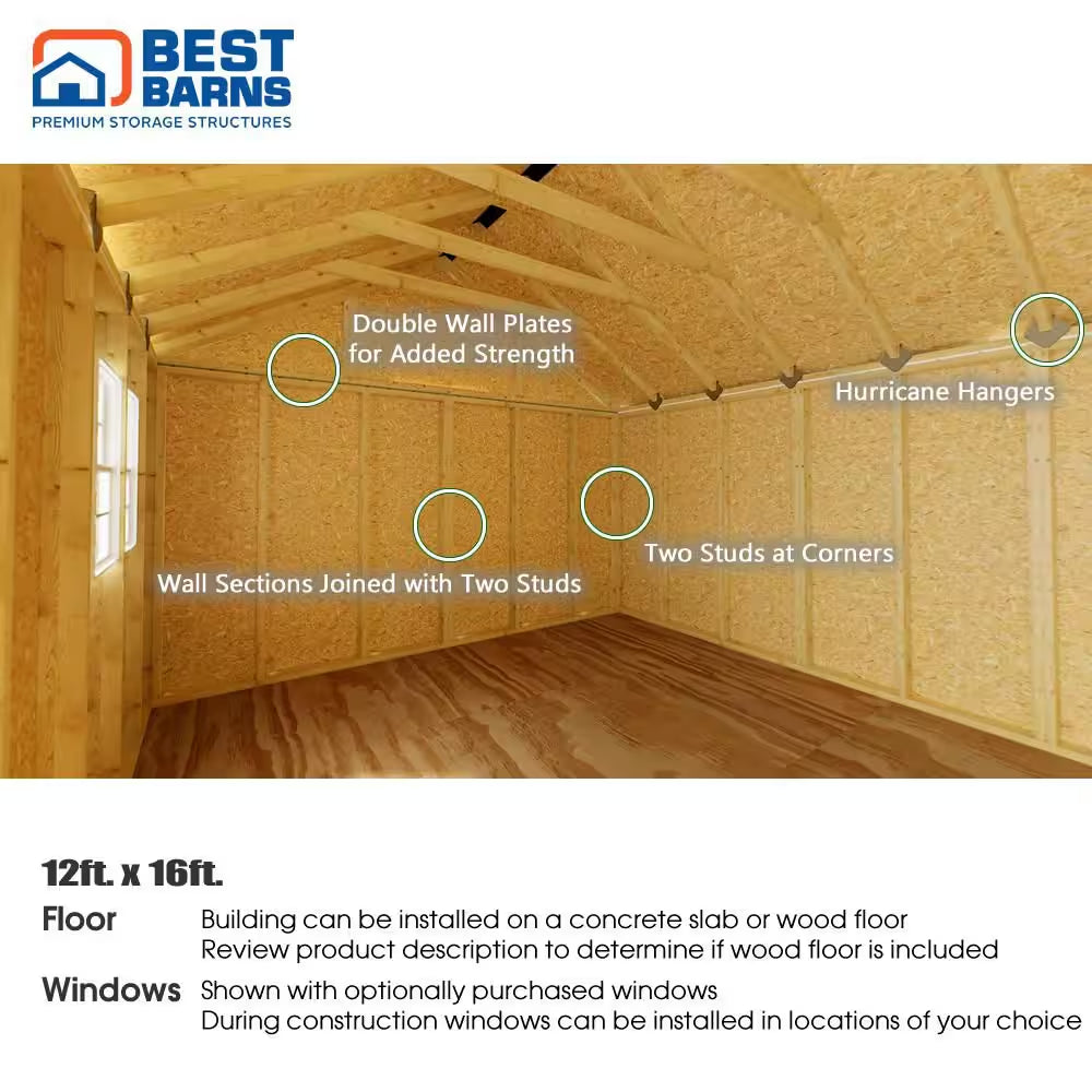 Crafter'S Connection 12 Ft. X 16 Ft. Wood Shed Kit with Spacious Barn Doors and Extra Walk-In Door