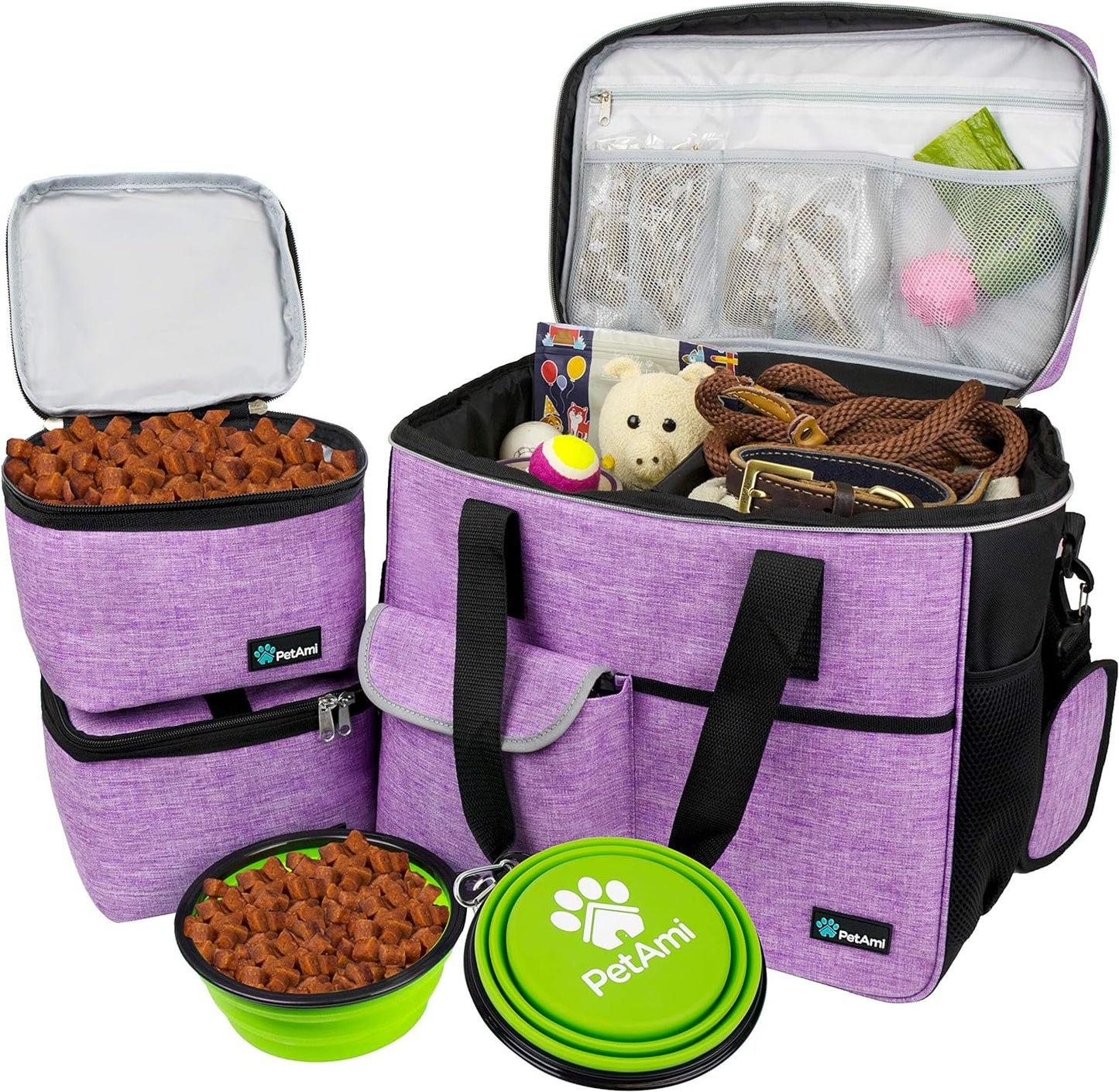 Dog Travel Bag, Travel Pet Bag Organizer, Dog Food Travel Bag with Food Container and Bowls, Dog Travel Supplies Gift Accessories for Weekend Camping, Dog Cat Diaper Bag (Navy, Medium)