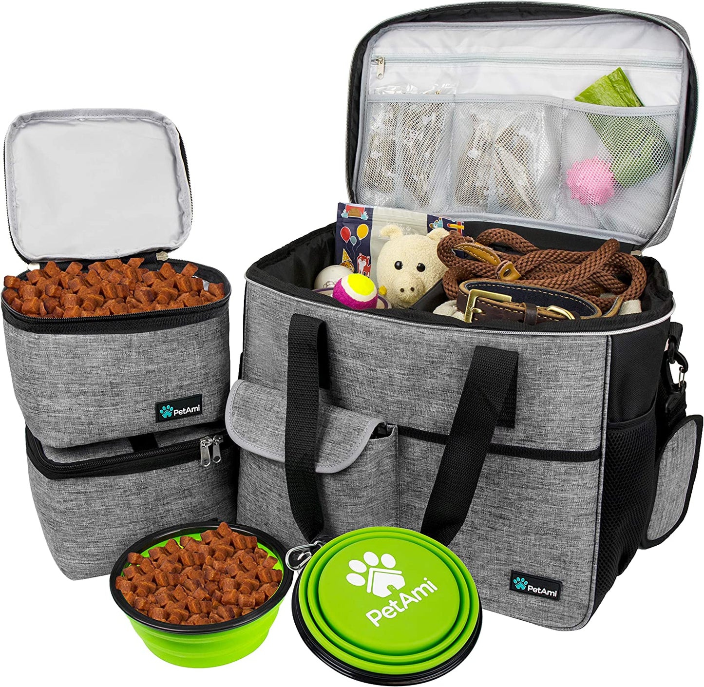 Dog Travel Bag, Travel Pet Bag Organizer, Dog Food Travel Bag with Food Container and Bowls, Dog Travel Supplies Gift Accessories for Weekend Camping, Dog Cat Diaper Bag (Navy, Medium)