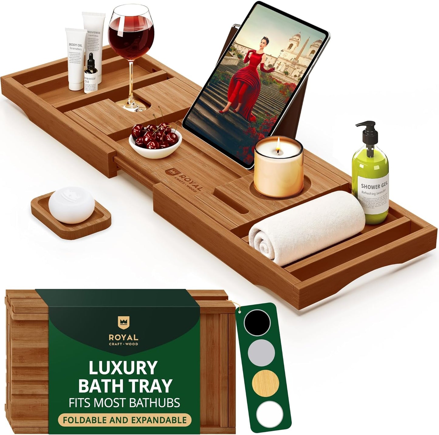 Premium Foldable Bathtub Tray - Wood Bath Tray for Tub, Bamboo Shelf, Expandable Bath Table Trays, Bathtub & Bathroom Accessories for New Home & Mothers Day & Birthday Gifts for Mom