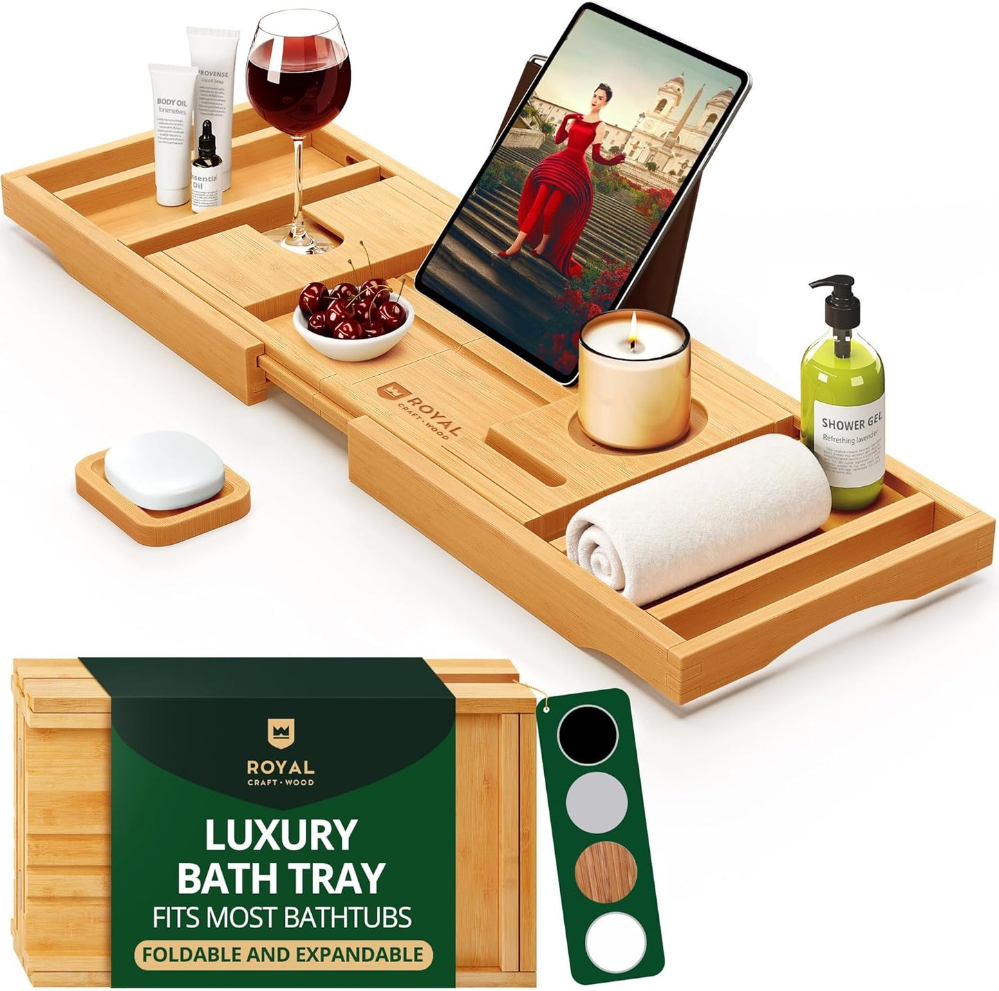 Premium Foldable Bathtub Tray - Wood Bath Tray for Tub, Bamboo Shelf, Expandable Bath Table Trays, Bathtub & Bathroom Accessories for New Home & Mothers Day & Birthday Gifts for Mom