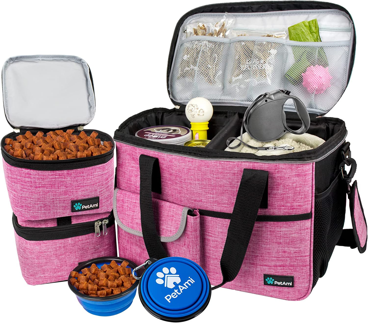 Dog Travel Bag, Travel Pet Bag Organizer, Dog Food Travel Bag with Food Container and Bowls, Dog Travel Supplies Gift Accessories for Weekend Camping, Dog Cat Diaper Bag (Navy, Medium)