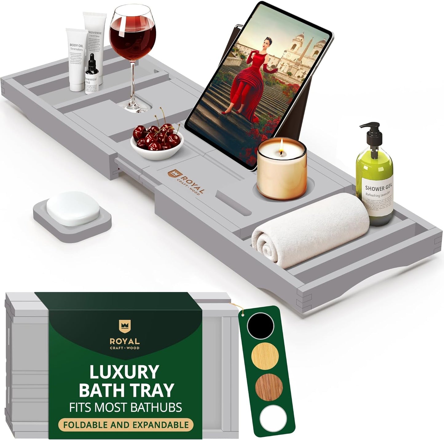 Premium Foldable Bathtub Tray - Wood Bath Tray for Tub, Bamboo Shelf, Expandable Bath Table Trays, Bathtub & Bathroom Accessories for New Home & Mothers Day & Birthday Gifts for Mom