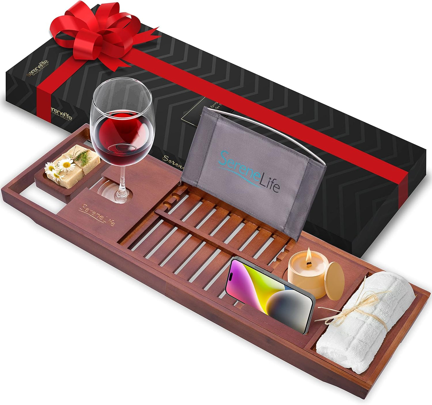 Luxury Bamboo Bathtub Caddy Tray - Adjustable Natural Wood Bath Tub Organizer with Wine Holder, Cup Placement, Soap Dish, Book Space & Phone Slot for Spa, Bathroom & Shower - SLBCAD20