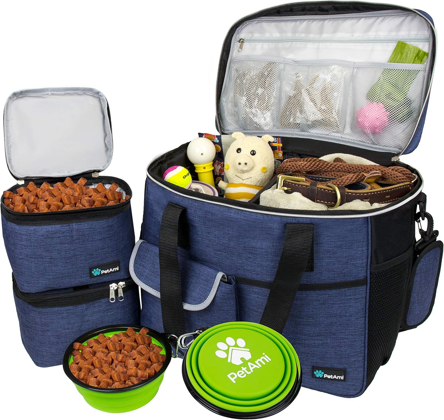 Dog Travel Bag, Travel Pet Bag Organizer, Dog Food Travel Bag with Food Container and Bowls, Dog Travel Supplies Gift Accessories for Weekend Camping, Dog Cat Diaper Bag (Navy, Medium)