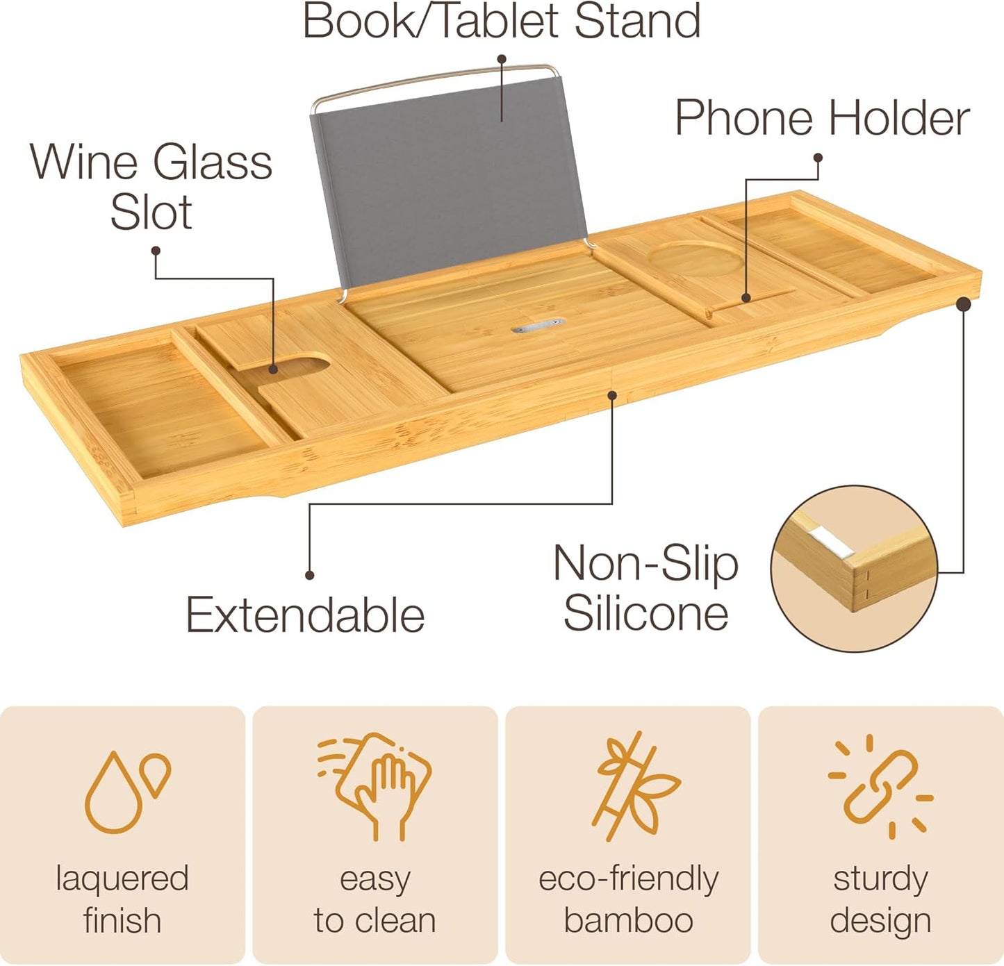 Bathtub Tray - Expandable Bamboo Bath Tray for Tub with Wine Glass Holder, Book & Tablet Stand - Wooden Bathtub Caddy Tray Table for Bathroom Accessories, Spa Relaxation, Housewarming & Wedding Gift