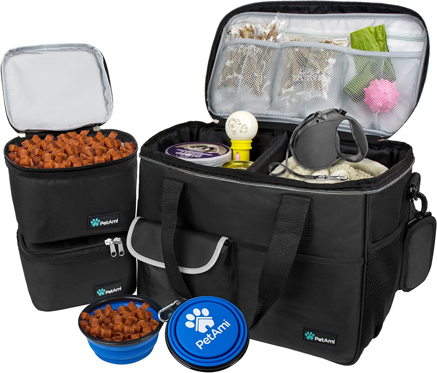 Dog Travel Bag, Travel Pet Bag Organizer, Dog Food Travel Bag with Food Container and Bowls, Dog Travel Supplies Gift Accessories for Weekend Camping, Dog Cat Diaper Bag (Navy, Medium)