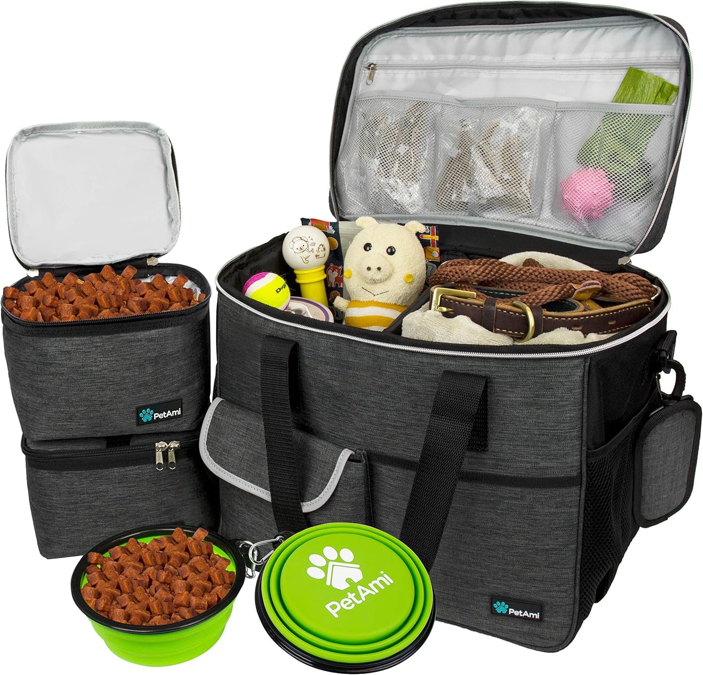 Dog Travel Bag, Travel Pet Bag Organizer, Dog Food Travel Bag with Food Container and Bowls, Dog Travel Supplies Gift Accessories for Weekend Camping, Dog Cat Diaper Bag (Navy, Medium)