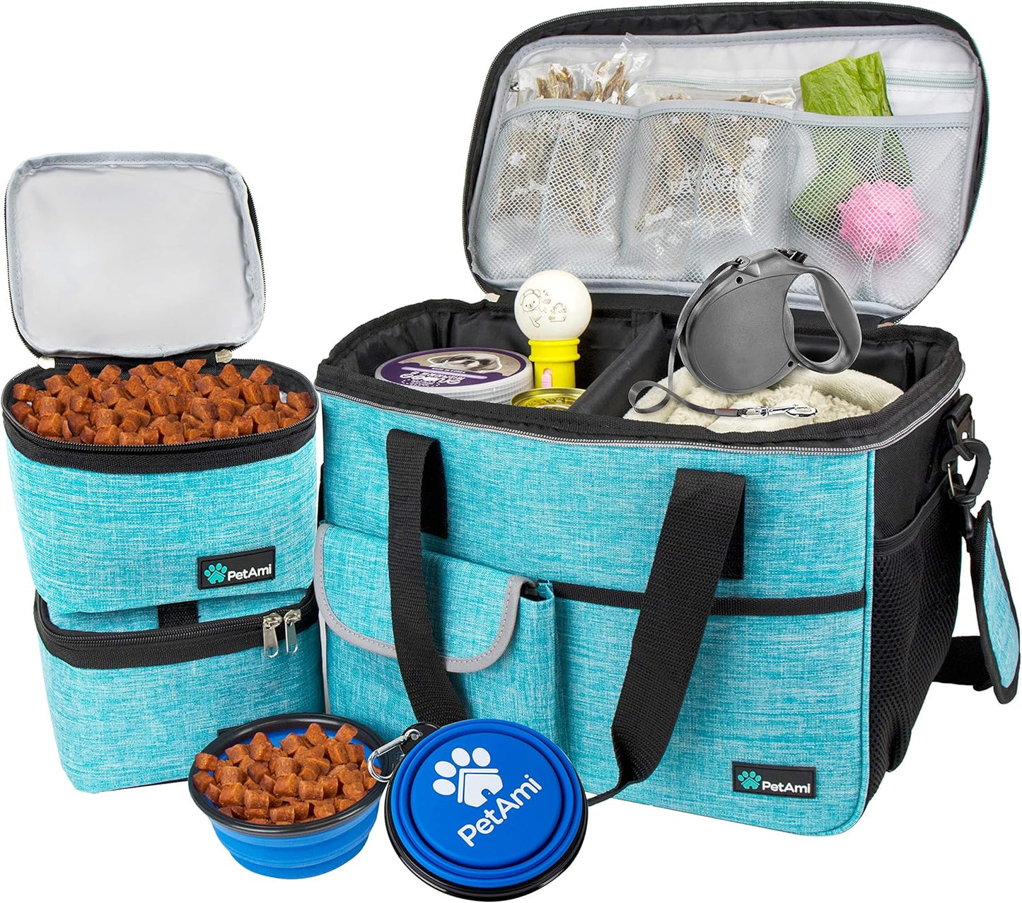 Dog Travel Bag, Travel Pet Bag Organizer, Dog Food Travel Bag with Food Container and Bowls, Dog Travel Supplies Gift Accessories for Weekend Camping, Dog Cat Diaper Bag (Navy, Medium)