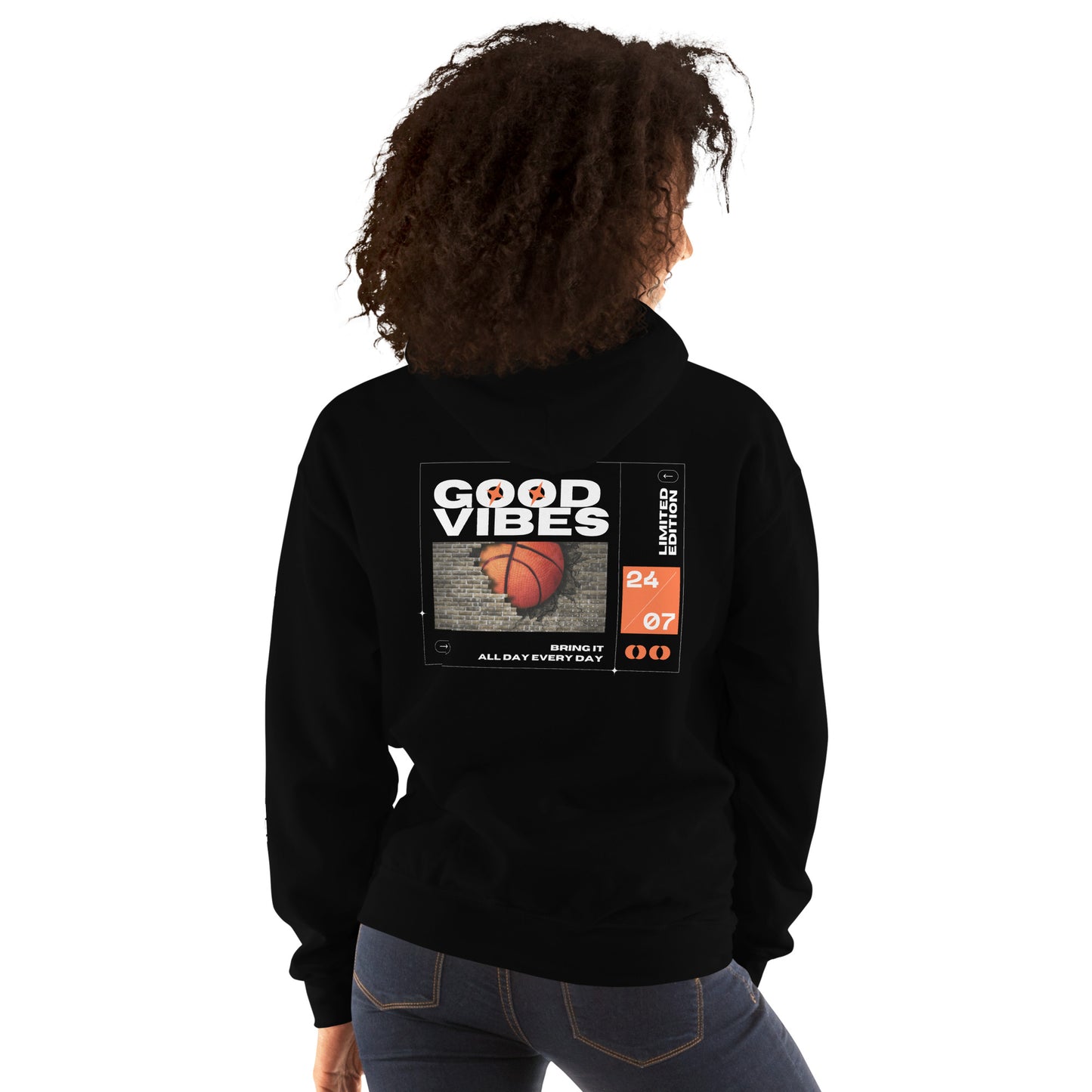 Good Vibes Basketball Hoodie | Unisex Graphic Streetwear Hoodie | Sports Style Limited Edition Sweatshirt Orange