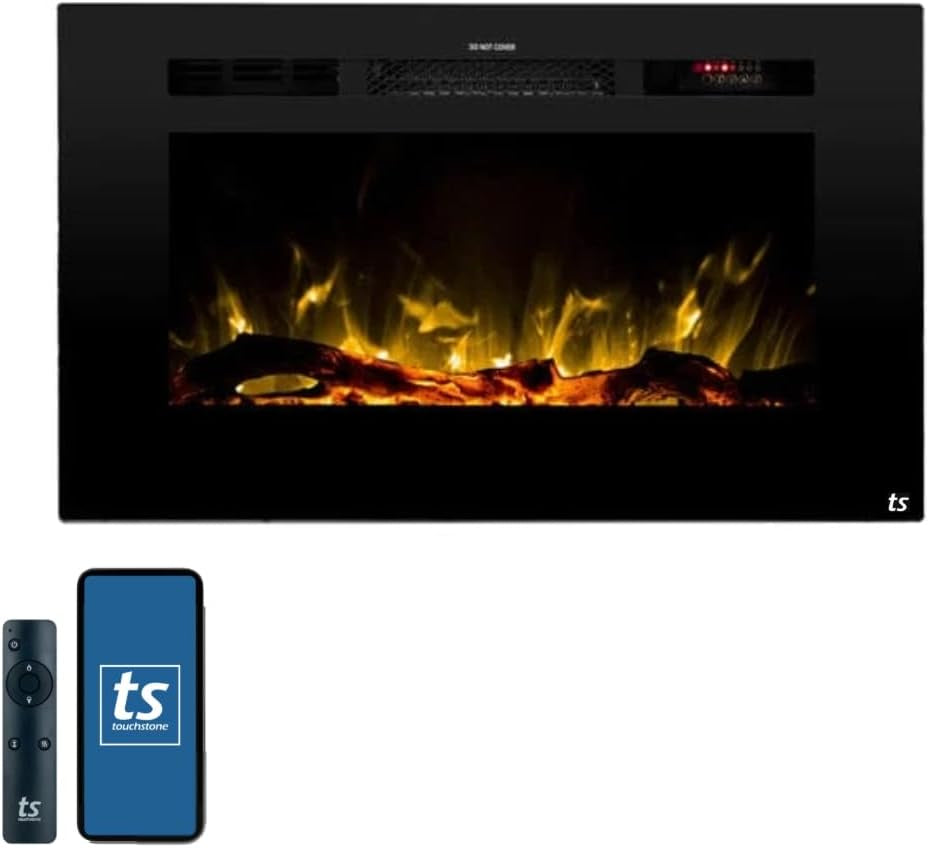 Smart Electric Fireplace-The Sideline 36" Wide-In Wall Recessed - 30 Realistic Ember Color/Flame Options - 1,500W Heater W/Thermostat - Log & Crystal Hearth Options - Alexa/Wifi Enabled