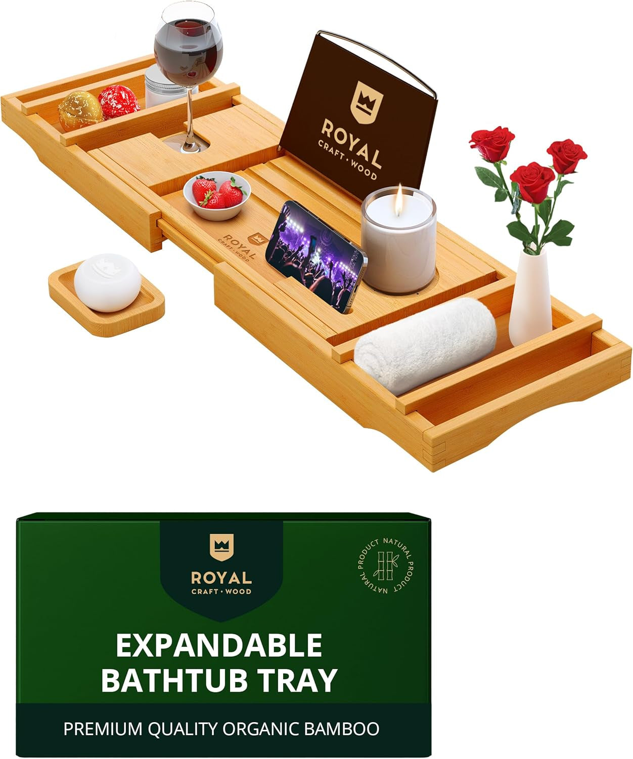 Premium Foldable Bathtub Tray - Wood Bath Tray for Tub, Bamboo Shelf, Expandable Bath Table Trays, Bathtub & Bathroom Accessories for New Home & Mothers Day & Birthday Gifts for Mom