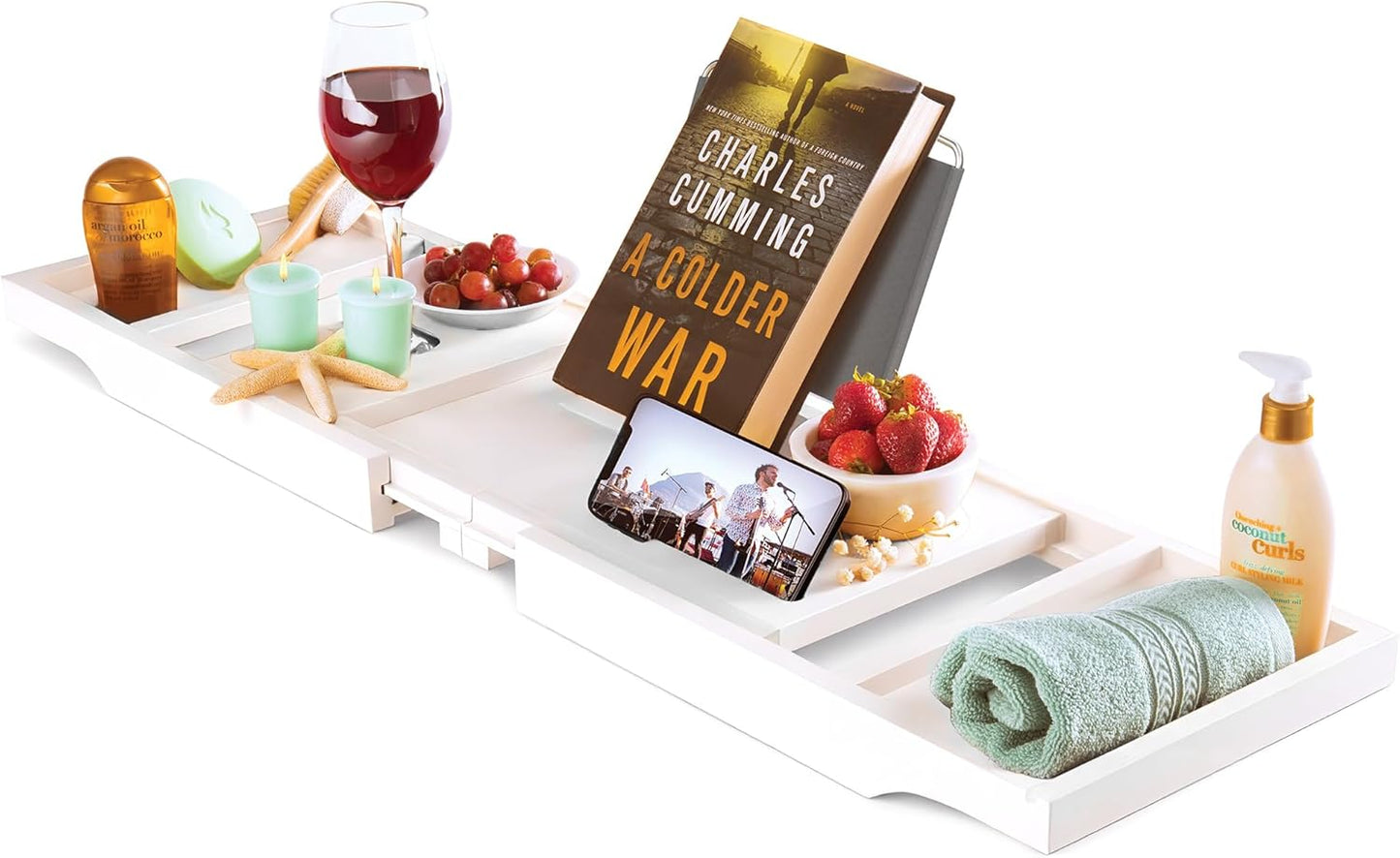 Bathtub Tray - Expandable Bamboo Bath Tray for Tub with Wine Glass Holder, Book & Tablet Stand - Wooden Bathtub Caddy Tray Table for Bathroom Accessories, Spa Relaxation, Housewarming & Wedding Gift