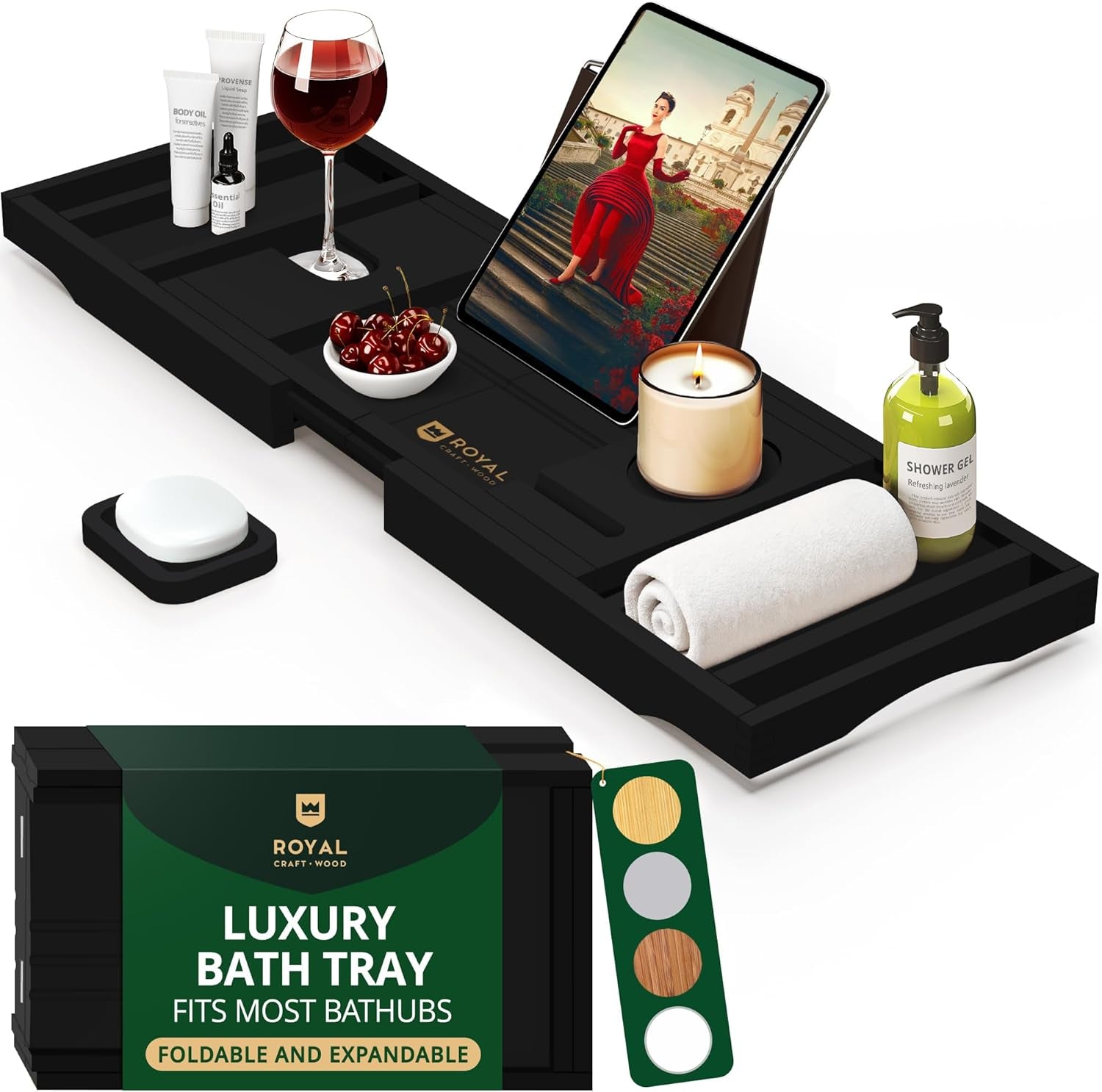 Premium Foldable Bathtub Tray - Wood Bath Tray for Tub, Bamboo Shelf, Expandable Bath Table Trays, Bathtub & Bathroom Accessories for New Home & Mothers Day & Birthday Gifts for Mom