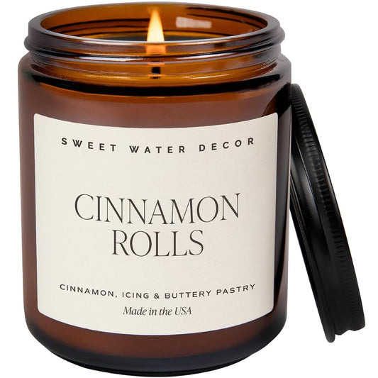 Cinnamon Roll Candle - Fall Candle with Cinnamon, Icing and Cinnamon Buttery Pastry for Home - Cinnamon Soy Candle with 40 Hours Burn Time - 9Oz Black Lid Amber Jar Cinnamon Scents