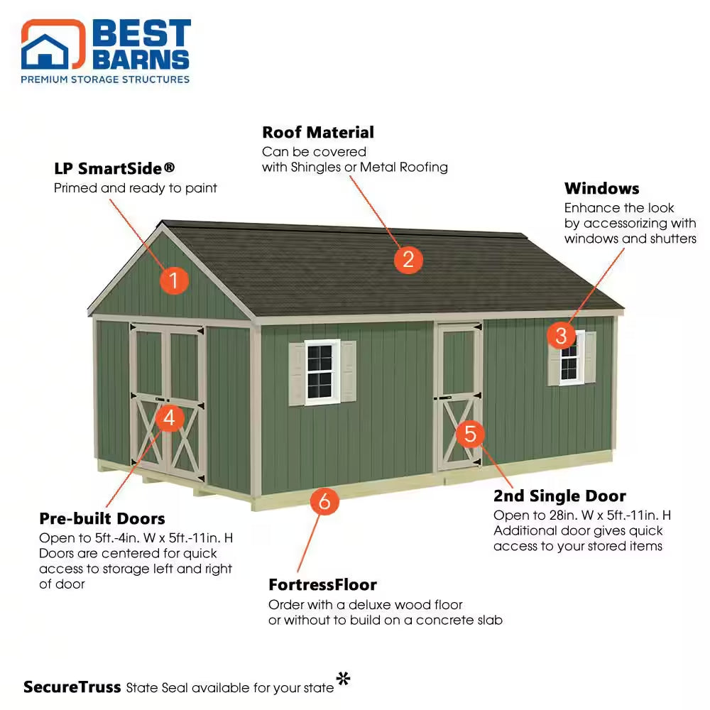 Shedquarters 12 Ft. X 20 Ft. Wood Shed Kit with Spacious Barn Doors and Extra Walk-In Door (240 Sq. Ft.)