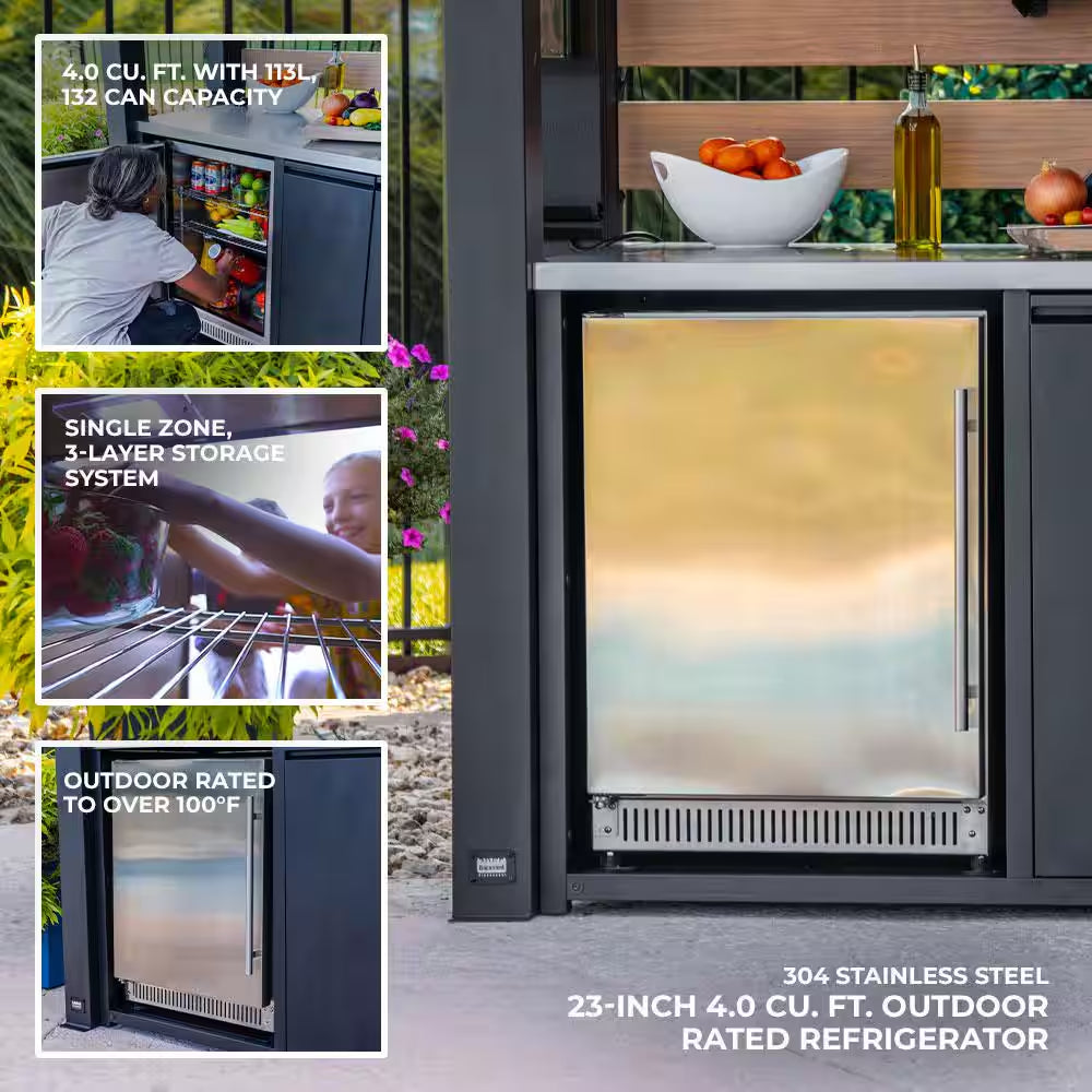 Fusion Flame 5-Burner Propane Gas Grill Island with Rotisserie and Outdoor Rated Refrigerator in Stainless Steel