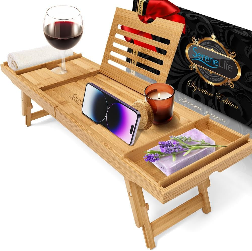 Bath Caddy Breakfast Tray Combo - Natural Bamboo Wood Waterproof Tub and Bed with Folding Slide-Out Arms, Device Grooves, Wine Glass Soap Holder