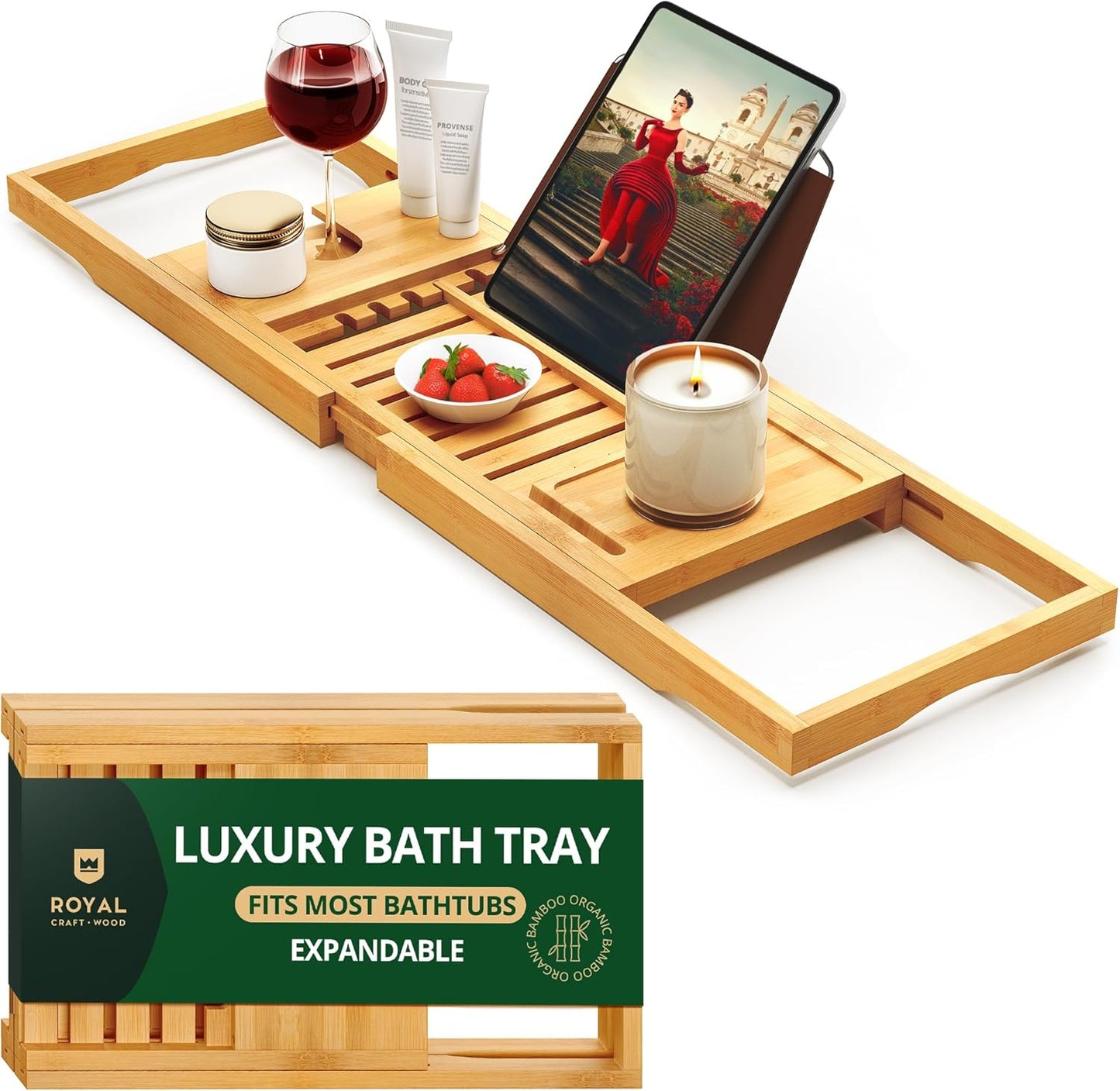 Premium Foldable Bathtub Tray - Wood Bath Tray for Tub, Bamboo Shelf, Expandable Bath Table Trays, Bathtub & Bathroom Accessories for New Home & Mothers Day & Birthday Gifts for Mom