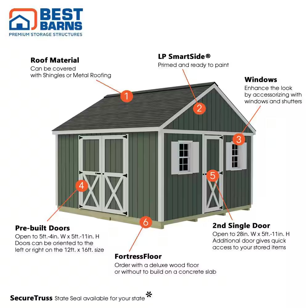 Backyard Basecamp 12 Ft. X 12 Ft. Wood Shed Kit with Barn Doors, Extra Walk-In Door and Fortressfloor