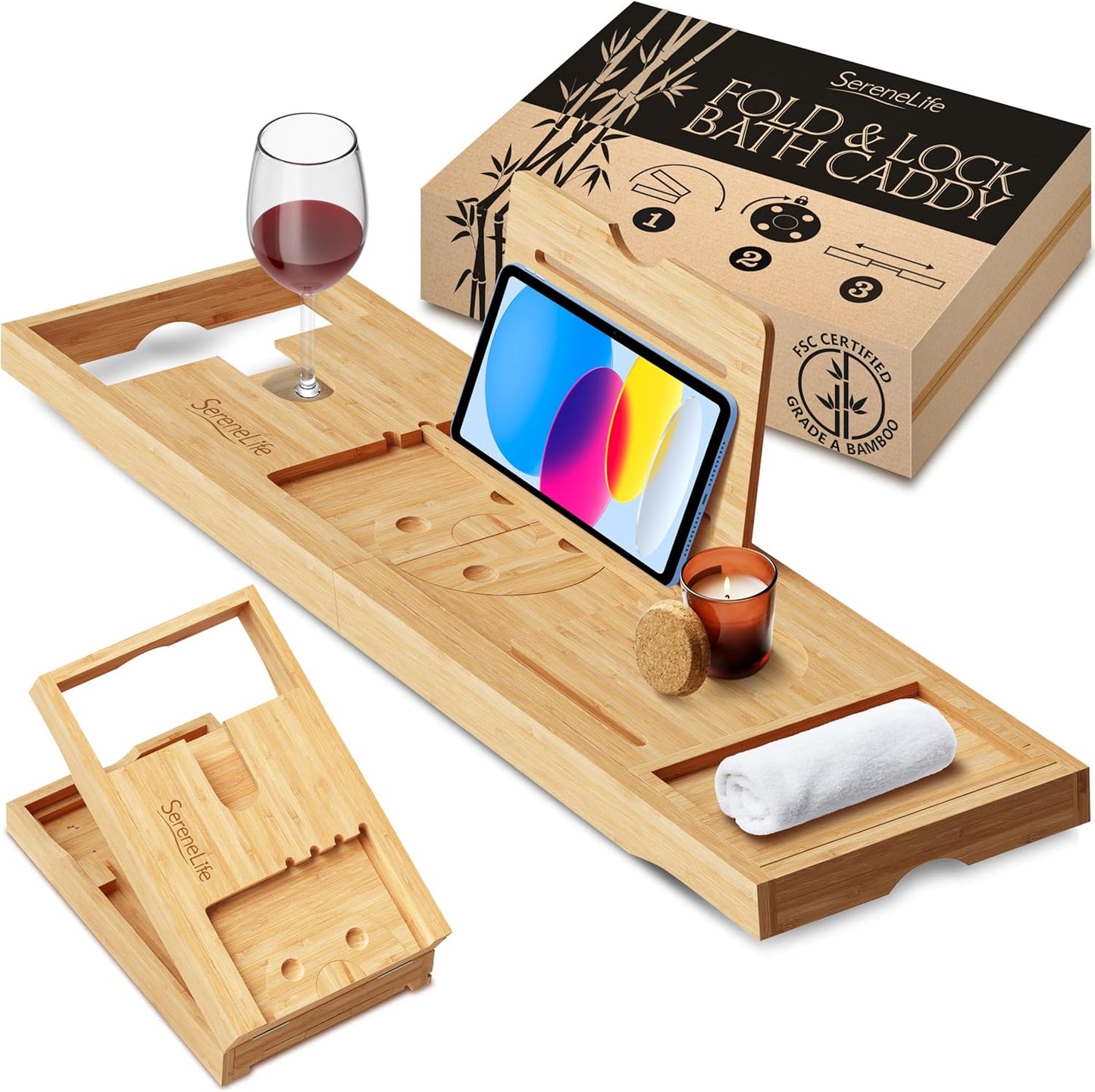 Luxury Bamboo Bathtub Caddy Tray - Adjustable Natural Wood Bath Tub Organizer with Wine Holder, Cup Placement, Soap Dish, Book Space & Phone Slot for Spa, Bathroom & Shower - SLBCAD20