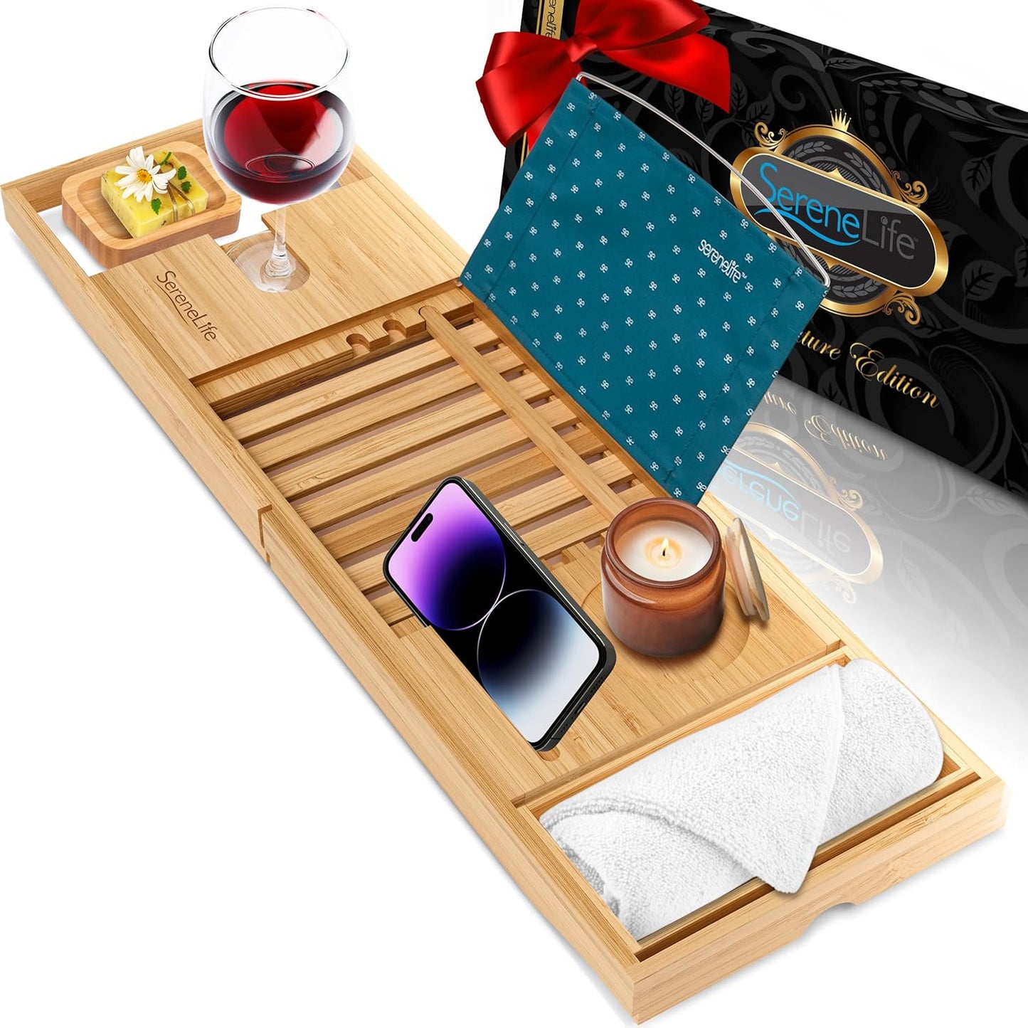 Luxury Bamboo Bathtub Caddy Tray - Adjustable Natural Wood Bath Tub Organizer with Wine Holder, Cup Placement, Soap Dish, Book Space & Phone Slot for Spa, Bathroom & Shower - SLBCAD20