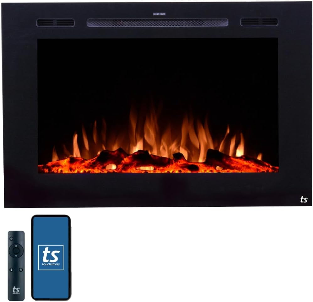 Smart Electric Fireplace-The Sideline 36" Wide-In Wall Recessed - 30 Realistic Ember Color/Flame Options - 1,500W Heater W/Thermostat - Log & Crystal Hearth Options - Alexa/Wifi Enabled