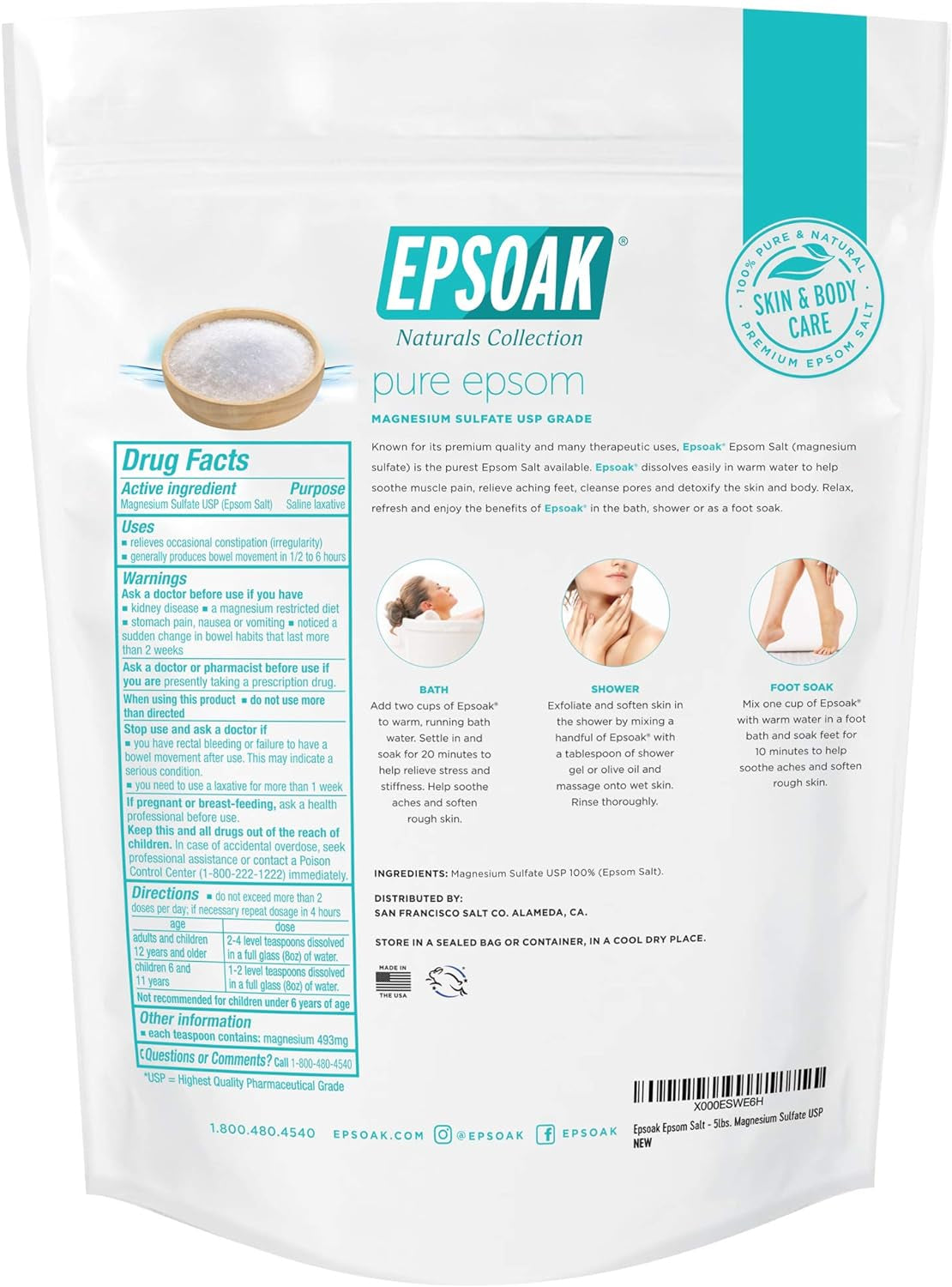 Epsom Salt – 10 Lb (Two 5 Lb Resealable Bags), Magnesium Sulfate USP, Unscented, Made in USA, Perfect for Bath, Spa, and Soaking