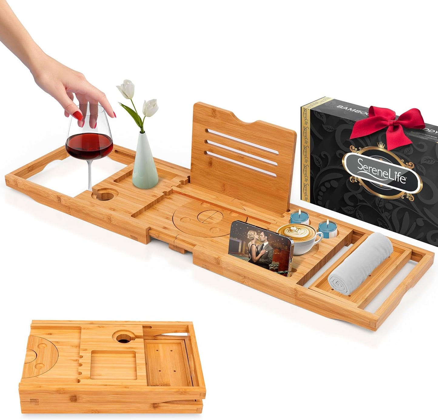 Luxury Bamboo Bathtub Caddy Tray - Adjustable Natural Wood Bath Tub Organizer with Wine Holder, Cup Placement, Soap Dish, Book Space & Phone Slot for Spa, Bathroom & Shower - SLBCAD20