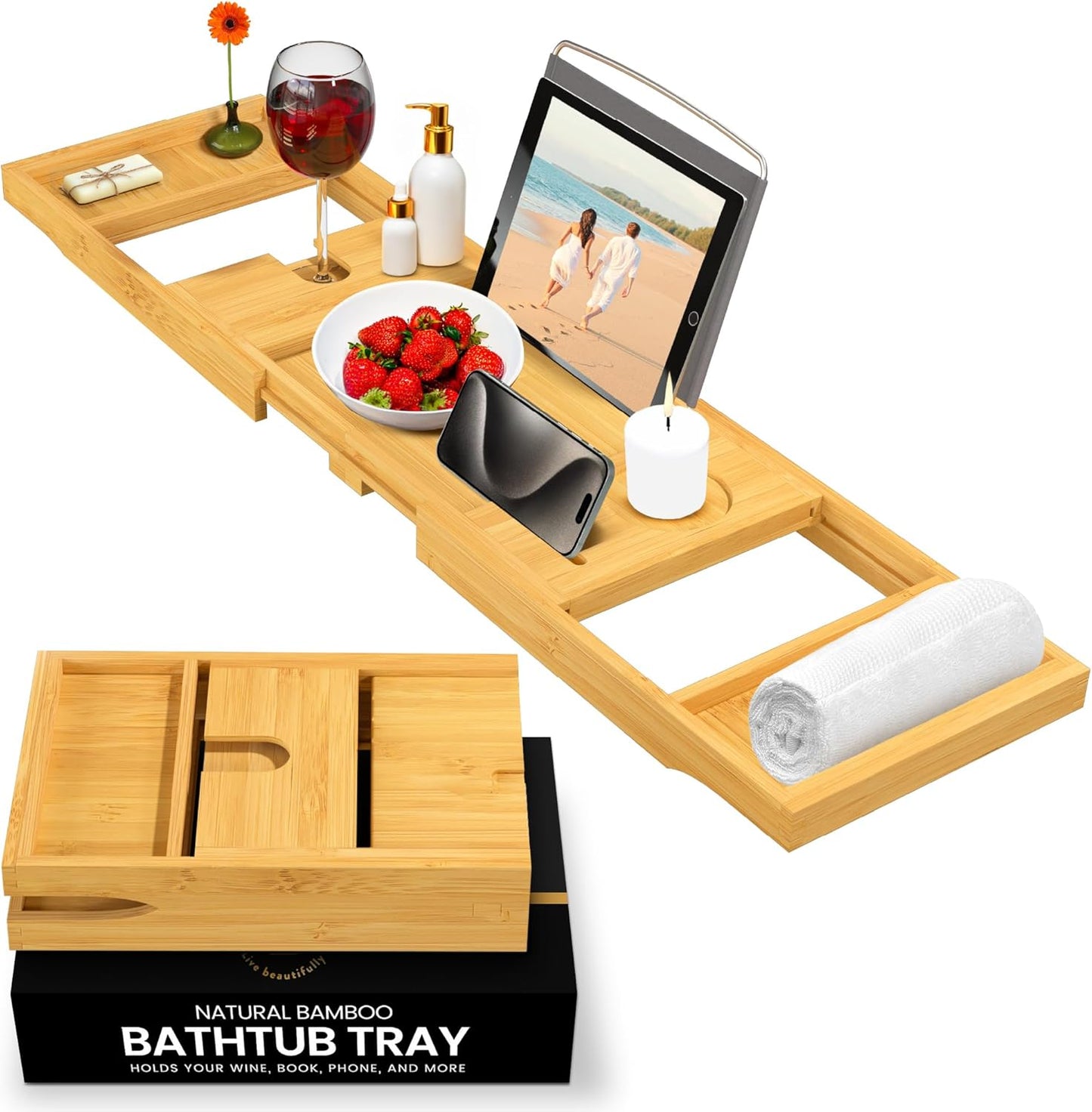 Bathtub Tray - Expandable Bamboo Bath Tray for Tub with Wine Glass Holder, Book & Tablet Stand - Wooden Bathtub Caddy Tray Table for Bathroom Accessories, Spa Relaxation, Housewarming & Wedding Gift