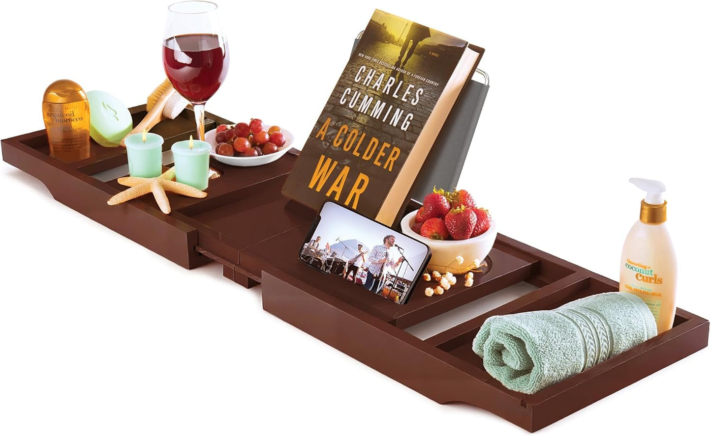 Bathtub Tray - Expandable Bamboo Bath Tray for Tub with Wine Glass Holder, Book & Tablet Stand - Wooden Bathtub Caddy Tray Table for Bathroom Accessories, Spa Relaxation, Housewarming & Wedding Gift