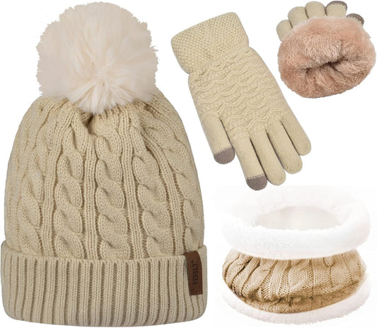 3Pcs Winter Women Beanie Hat Scarf and Touch Screen Gloves Sets Girls Classic Knit Warm Chunky Fleece Lined Cable Cap